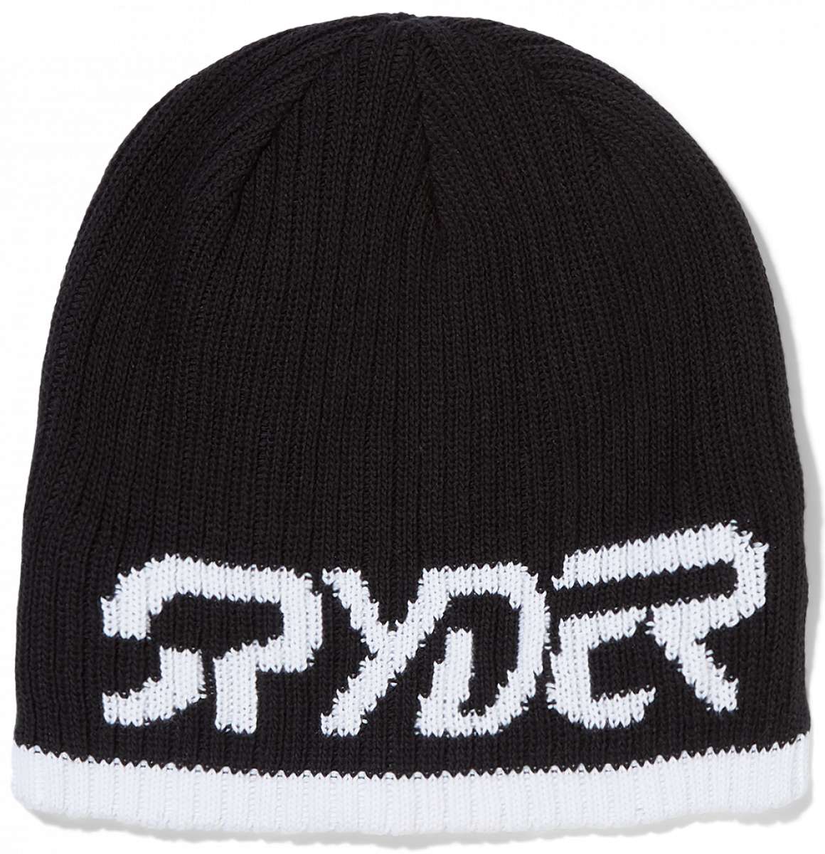 Spyder Logo Hat 2024 - A black beanie with a white embroidered logo on the front.