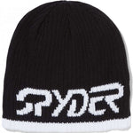 Spyder Logo Hat 2024 - A black beanie with a white embroidered logo on the front.