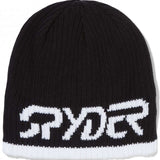 Spyder Logo Hat 2024 - A black beanie with a white embroidered logo on the front.