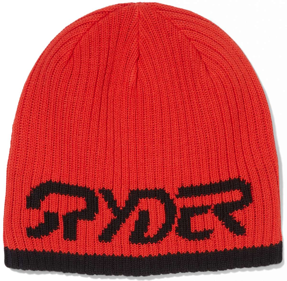 Spyder Logo Hat 2024 - A red beanie with a black Spyder logo on the front.