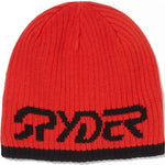 Spyder Logo Hat 2024 - A red beanie with a black Spyder logo on the front.