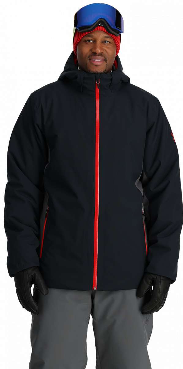 Spyder Mega 3-in-1 Insulated Jacket - A black jacket with a red zipper and trim, featuring a hood.