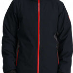 Spyder Mega 3-in-1 Insulated Jacket - A black jacket with a red zipper and trim, featuring a hood.