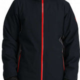 Spyder Mega 3-in-1 Insulated Jacket - A black jacket with a red zipper and trim, featuring a hood.