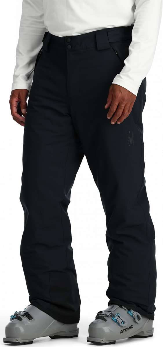 Spyder Mesa Insulated Pants 2024 - Black pants with a subtle embroidered logo on the left leg, featuring a zippered pocket and adjustable waistband.