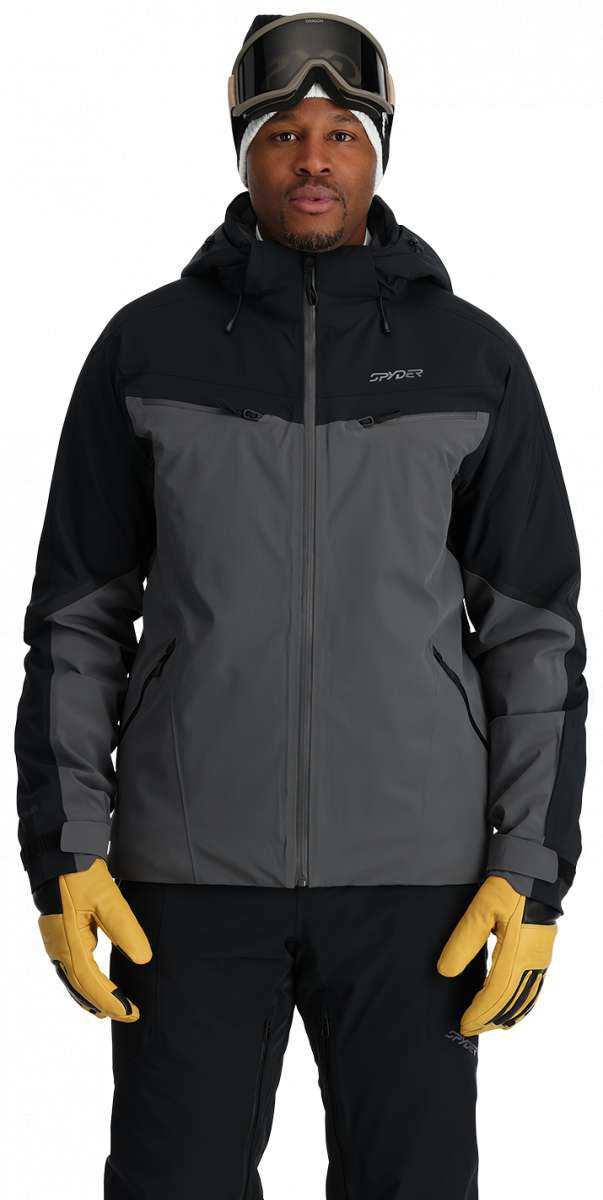 Spyder Monterosa GTX Insulated Jacket 2024 - A black and grey jacket with a hood, featuring two zippered pockets on either side of the waist.