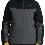 Spyder Monterosa GTX Insulated Jacket 2024 - A black and grey jacket with a hood, featuring two zippered pockets on either side of the waist.