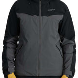 Spyder Monterosa GTX Insulated Jacket 2024 - A black and grey jacket with a hood, featuring two zippered pockets on either side of the waist.