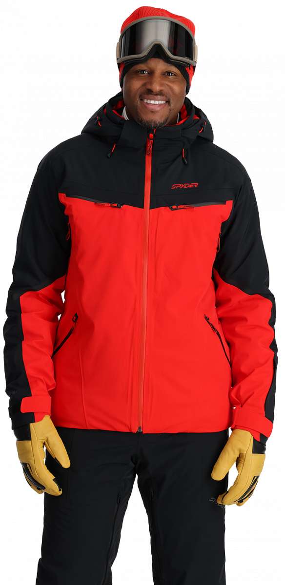 Spyder Monterosa GTX Insulated Jacket - A black jacket with red accents and a red zipper.