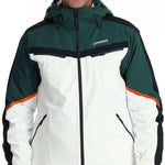 Spyder Monterosa GTX Insulated Jacket 2024 - A dark green and white jacket with black trim, featuring a hood and two zippered pockets on the front.
