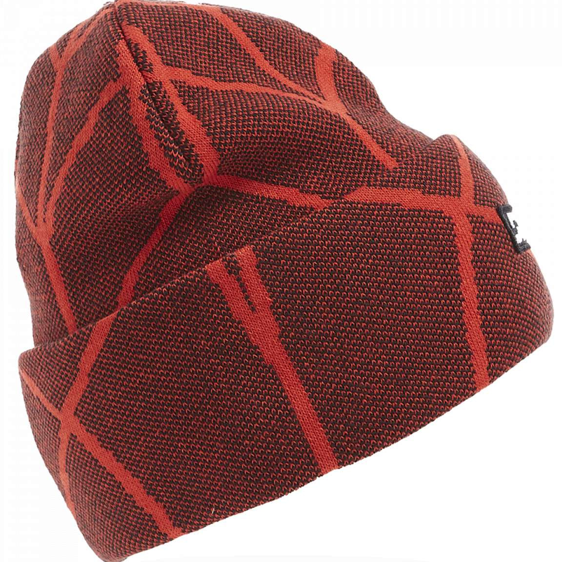 Spyder Nebula Hat 2023 - A black beanie with a red geometric pattern and a small Spyder logo on the cuff.