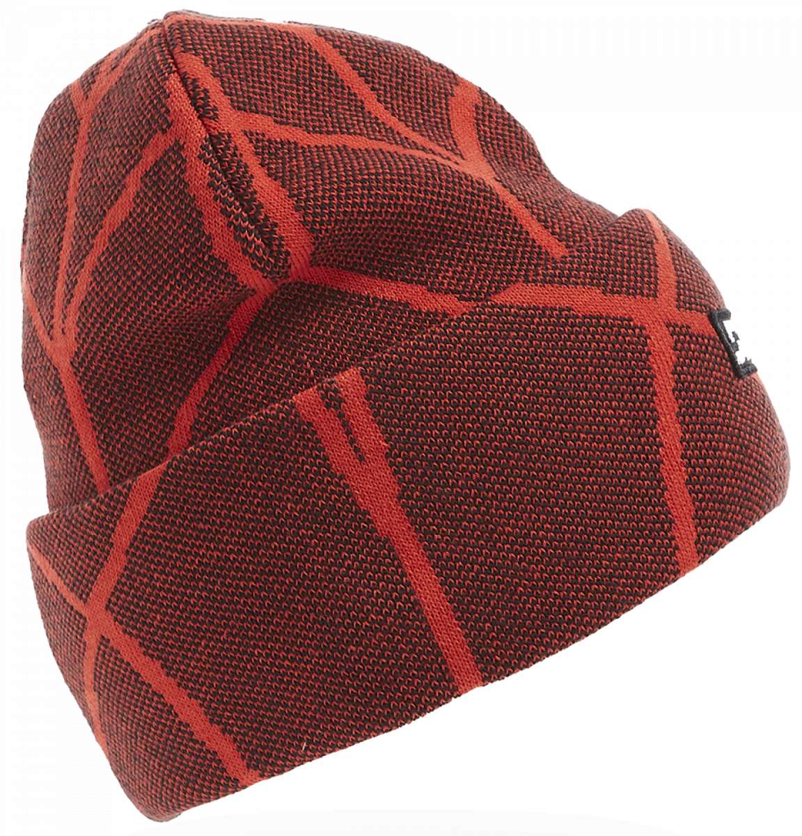 Spyder Nebula Hat 2023 - A black beanie with a red geometric pattern and a small Spyder logo on the cuff.