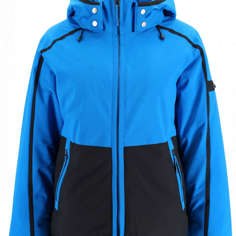 Spyder Women's Optimist Insulated Jacket 2023 - A blue and black jacket with a hood, featuring white buttons on the front.