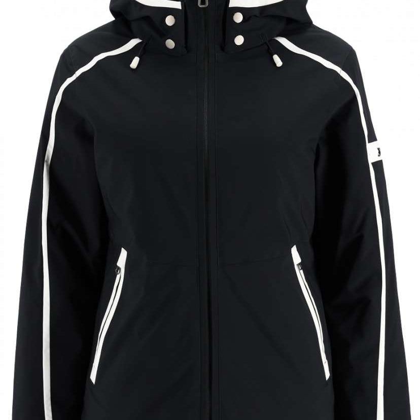 Spyder Women's Optimist Insulated Jacket 2023 - A black jacket with white trim and a hood, featuring two zippered pockets on either side.