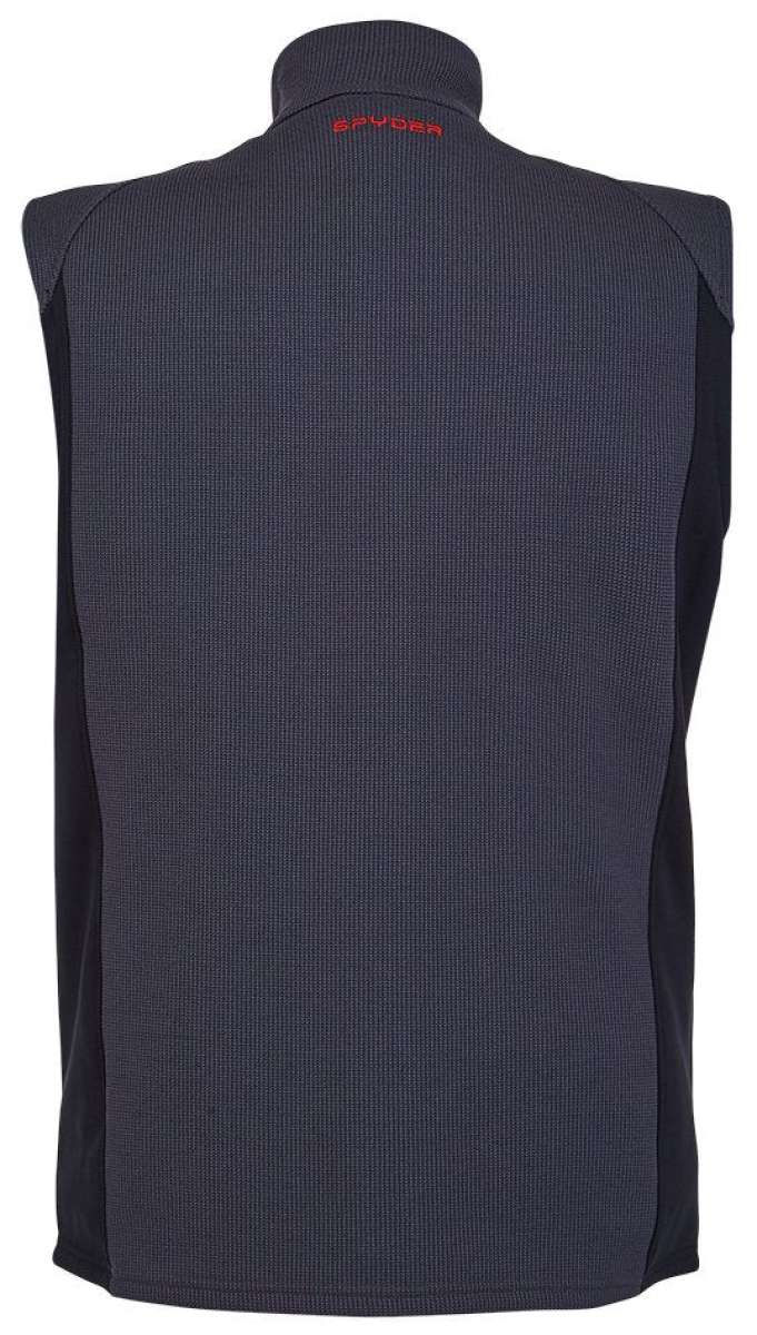 Spyder Outlaw Full Zip Fleece Vest 2022 - A dark gray fleece vest with a high collar and zippered front, featuring a small embroidered logo on the upper back in red.