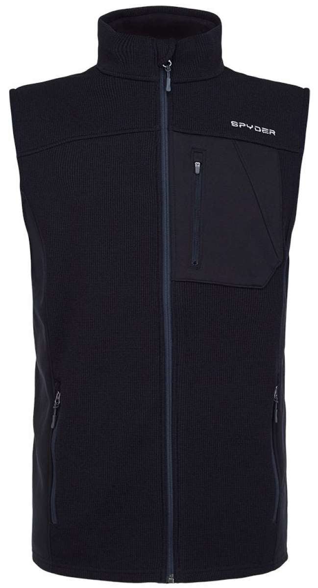 Spyder Outlaw Full Zip Fleece Vest 2022 - A black fleece vest with a zippered front and two zippered pockets on either side.