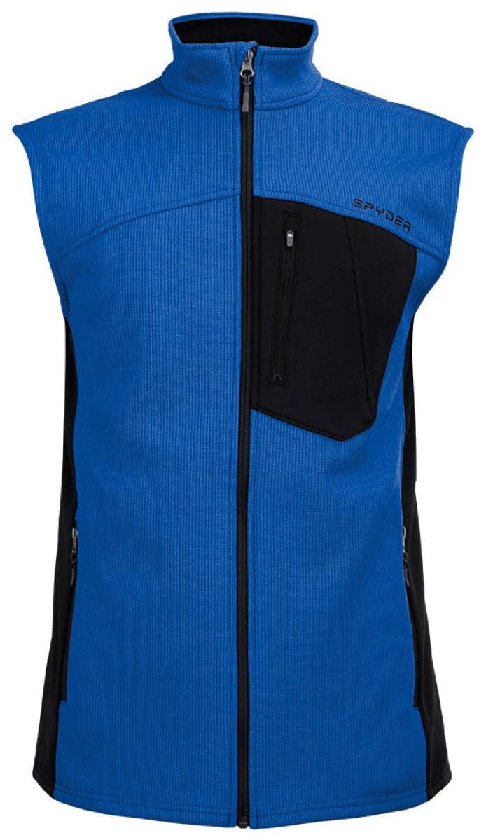 Spyder Outlaw Full Zip Fleece Vest 2022 - A royal blue fleece vest with a black zipper and two zippered pockets on either side.