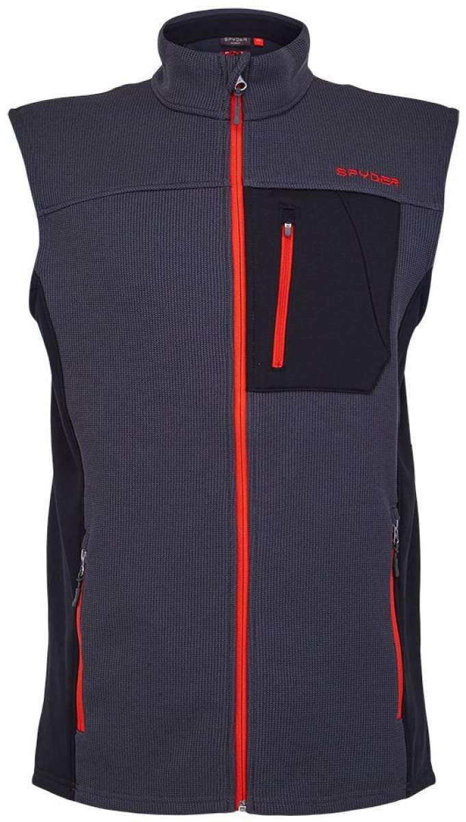 Spyder Outlaw Full Zip Fleece Vest 2022 - A dark gray fleece vest with a red zipper and Spyder logo on the chest.