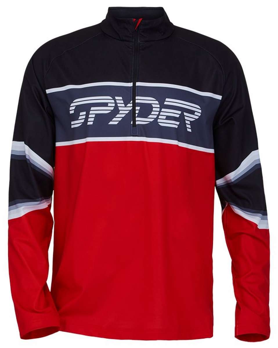 Spyder Paramount Lightweight Zip Turtleneck 2022 - A black, red and white zip-up turtleneck with a horizontal stripe pattern across the chest.