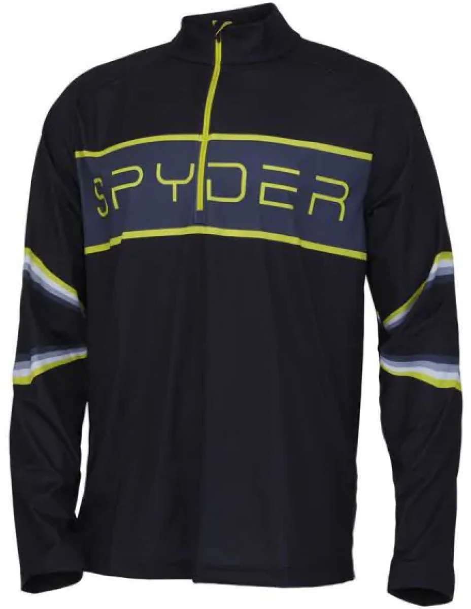Spyder Paramount Lightweight Zip Turtleneck 2022 - A black zip-up turtleneck with a neon yellow zipper and logo on chest.