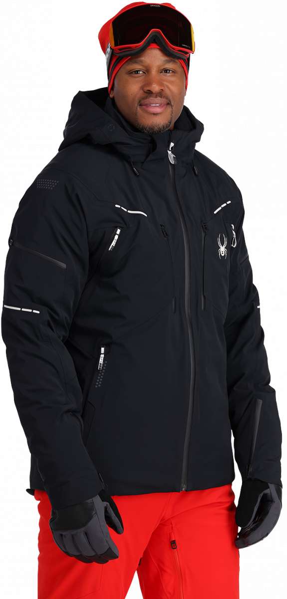 Spyder Pinnacle GORE-TEX Insulated Jacket - Black jacket with white accents and a zipper on the chest.