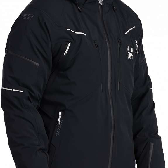 Spyder Pinnacle GORE-TEX Insulated Jacket - Black jacket with white accents and a zipper on the chest.