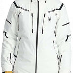 Spyder Pinnacle GORE-TEX Insulated Jacket - A white jacket with black accents and a black zipper, featuring a hood and two zippered pockets on either side.