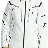 Spyder Pinnacle GORE-TEX Insulated Jacket - A white jacket with black accents and a black zipper, featuring a hood and two zippered pockets on either side.