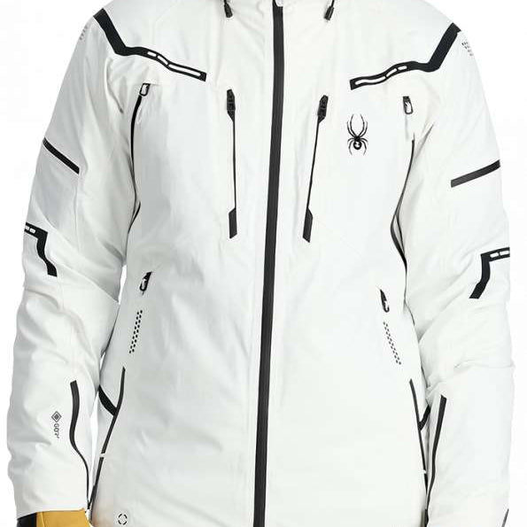 Spyder Pinnacle GORE-TEX Insulated Jacket - A white jacket with black accents and a black zipper, featuring a hood and two zippered pockets on either side.