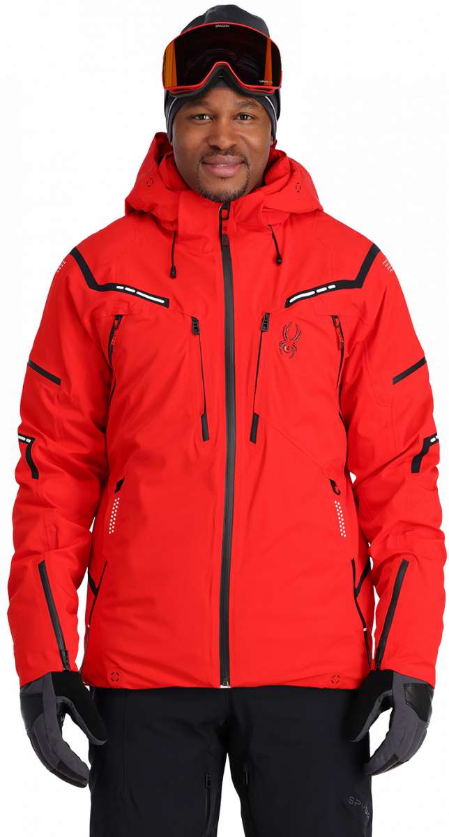 Spyder Pinnacle GORE-TEX Insulated Jacket - A red jacket with black accents and a black zipper, featuring a hood and multiple pockets.