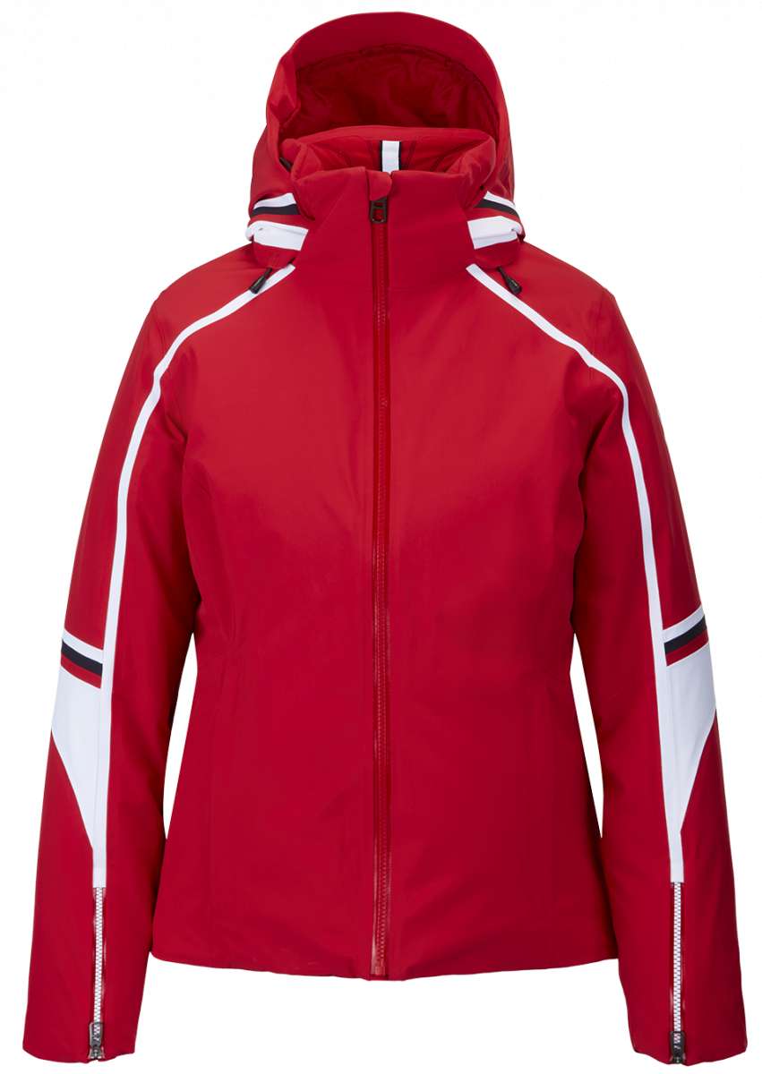 Spyder Poise Insulated Jacket 2023 - A red jacket with white stripes on the shoulders and sleeves, featuring a hood and zippered pockets.