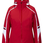 Spyder Poise Insulated Jacket 2023 - A red jacket with white stripes on the shoulders and sleeves, featuring a hood and zippered pockets.