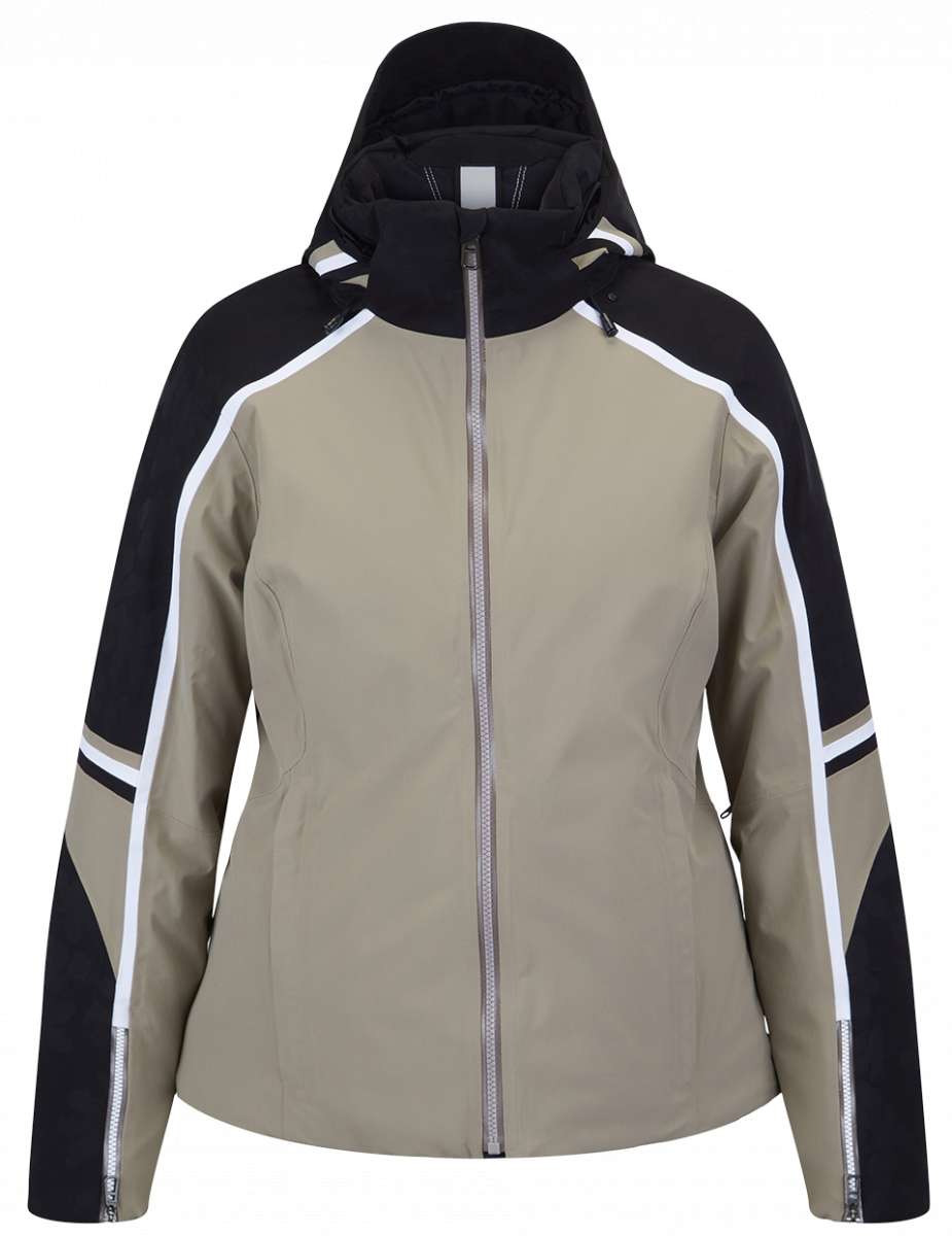 Spyder Poise Insulated Jacket 2023 - A black jacket with a white stripe on the left sleeve and a tan-colored body.