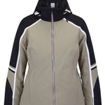 Spyder Poise Insulated Jacket 2023 - A black jacket with a white stripe on the left sleeve and a tan-colored body.