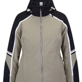 Spyder Poise Insulated Jacket 2023 - A black jacket with a white stripe on the left sleeve and a tan-colored body.