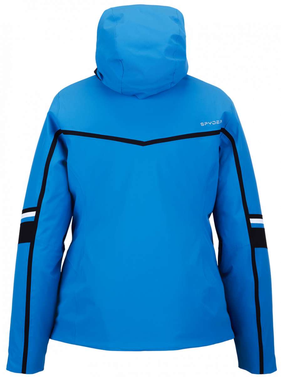Spyder Poise Insulated Jacket 2023 - A blue jacket with a hood, featuring black trim and white lettering on the chest.