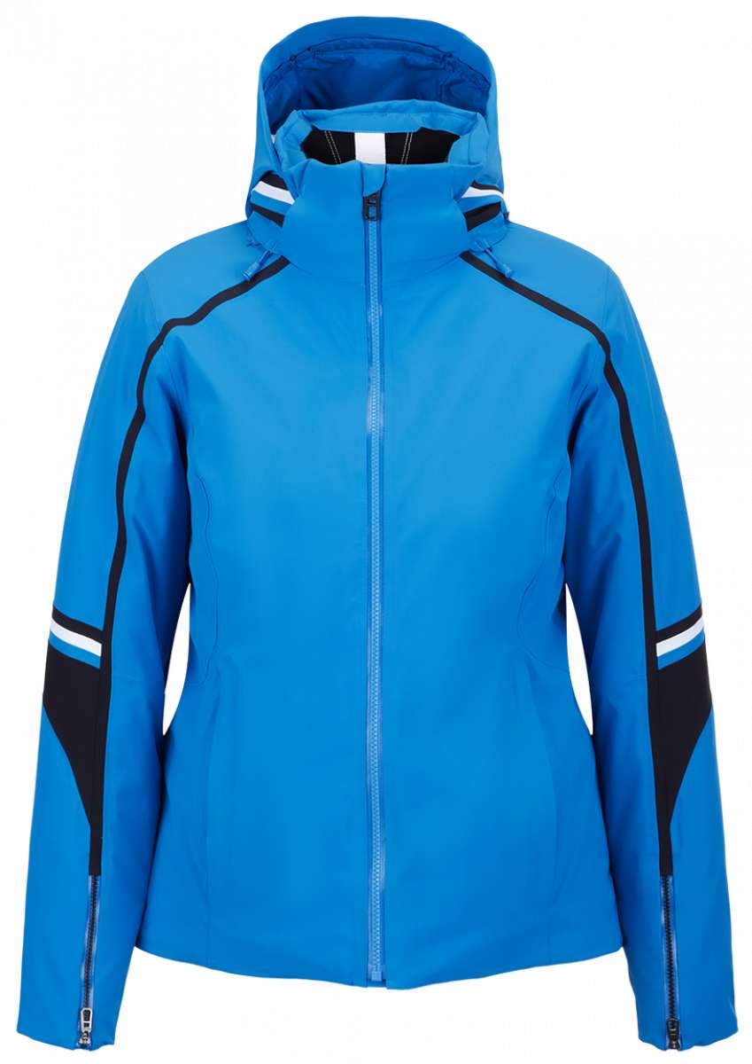 Spyder Poise Insulated Jacket 2023 - A blue jacket with a hood, featuring black and white stripes on the shoulders.