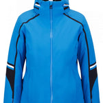 Spyder Poise Insulated Jacket 2023 - A blue jacket with a hood, featuring black and white stripes on the shoulders.