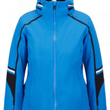 Spyder Poise Insulated Jacket 2023 - A blue jacket with a hood, featuring black and white stripes on the shoulders.