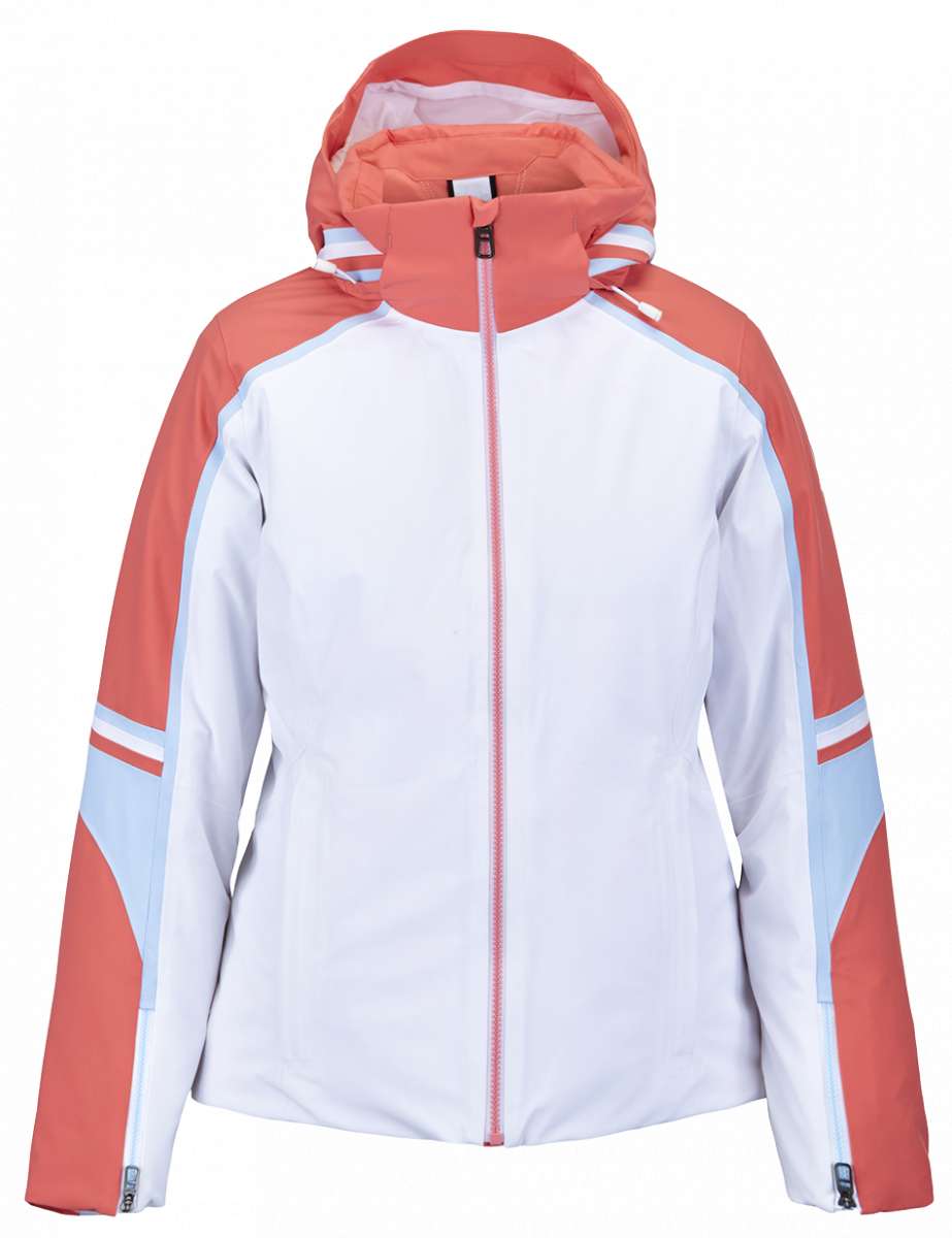 Spyder Poise Insulated Jacket 2023 - A white jacket with a hood, featuring coral-colored accents on the shoulders and sleeves.