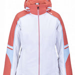 Spyder Poise Insulated Jacket 2023 - A white jacket with a hood, featuring coral-colored accents on the shoulders and sleeves.