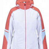 Spyder Poise Insulated Jacket 2023 - A white jacket with a hood, featuring coral-colored accents on the shoulders and sleeves.