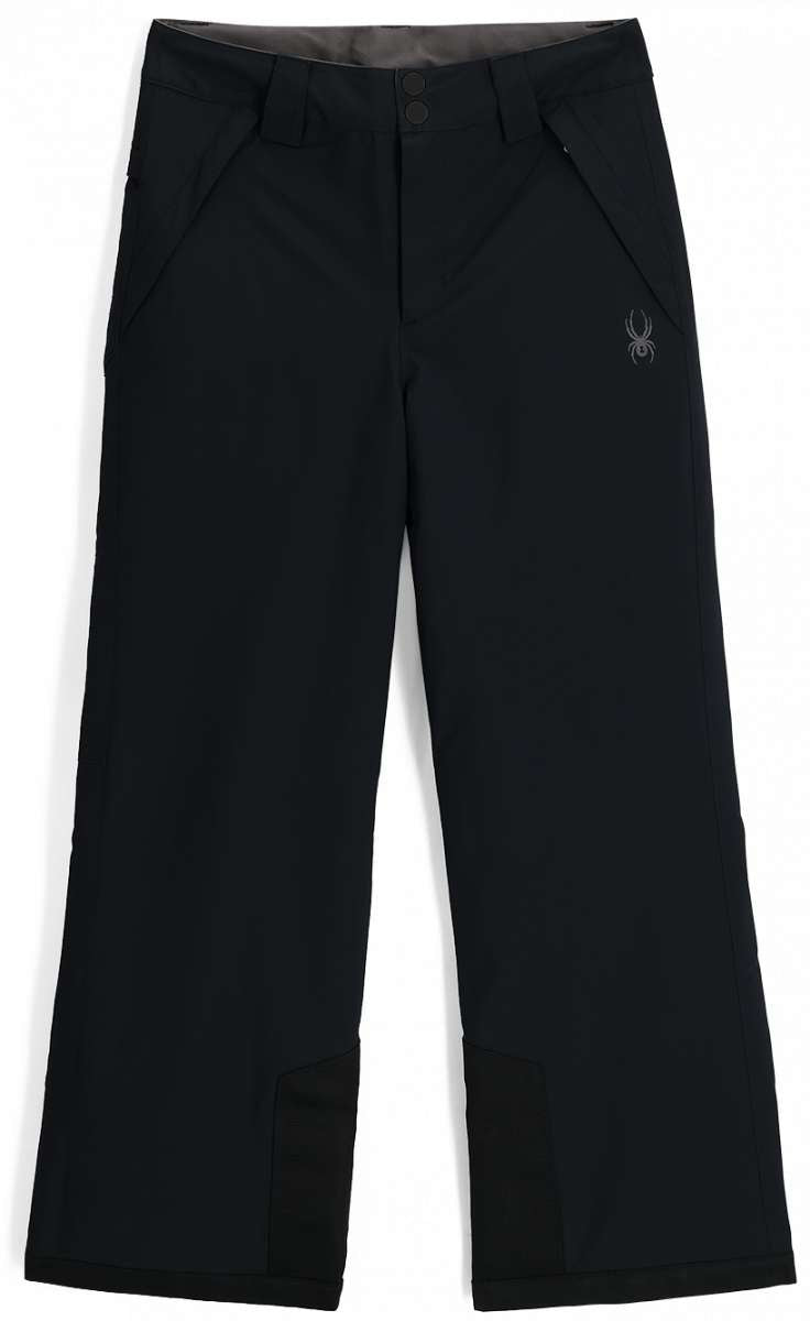 Spyder Junior's Revel Insulated Pant 2024 - Black ski pants with a subtle white logo on the left thigh and black hardware.