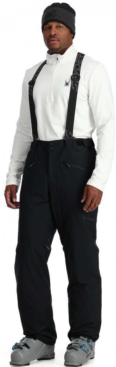 Spyder Sentinel Insulated Pants - Black pants with a subtle patterned stripe down the side, featuring black hardware and a zippered pocket on the thigh.