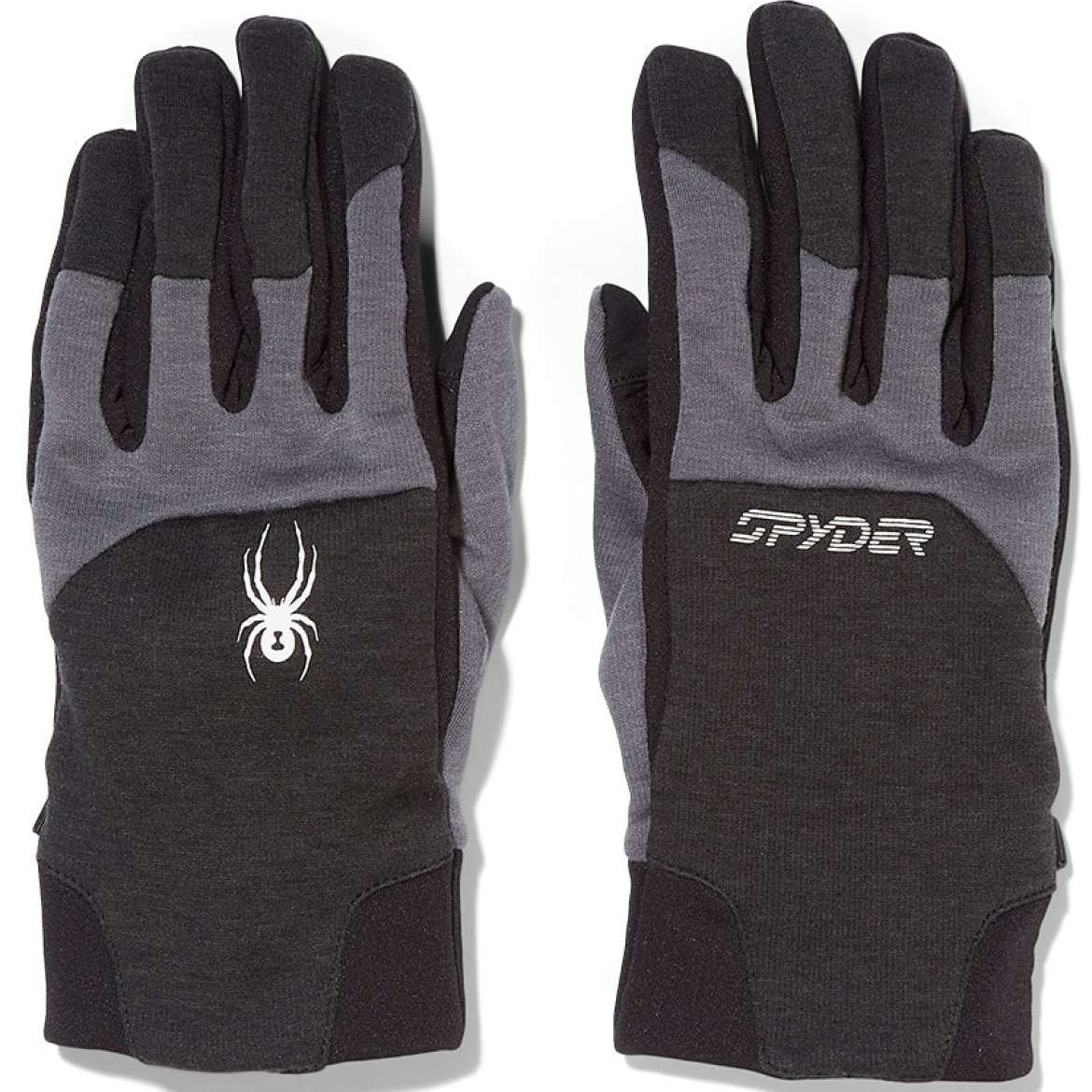 Spyder Speed Fleece Glove 2024 - A pair of black gloves with a white spider logo on the back of one hand.