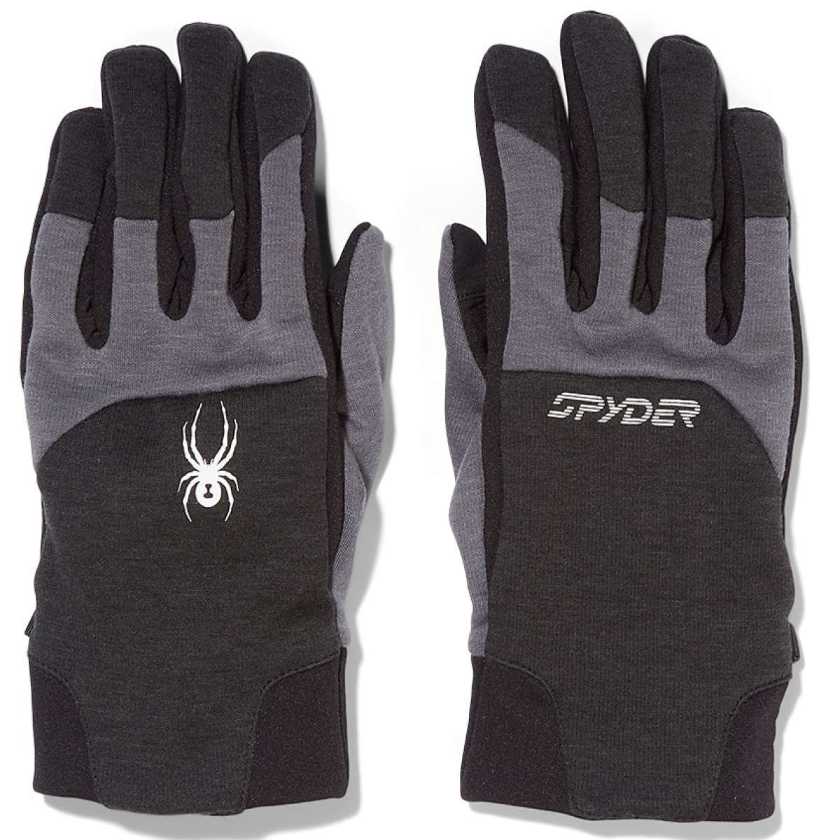 Spyder Speed Fleece Glove 2024 - A pair of black gloves with a white spider logo on the back of one hand.