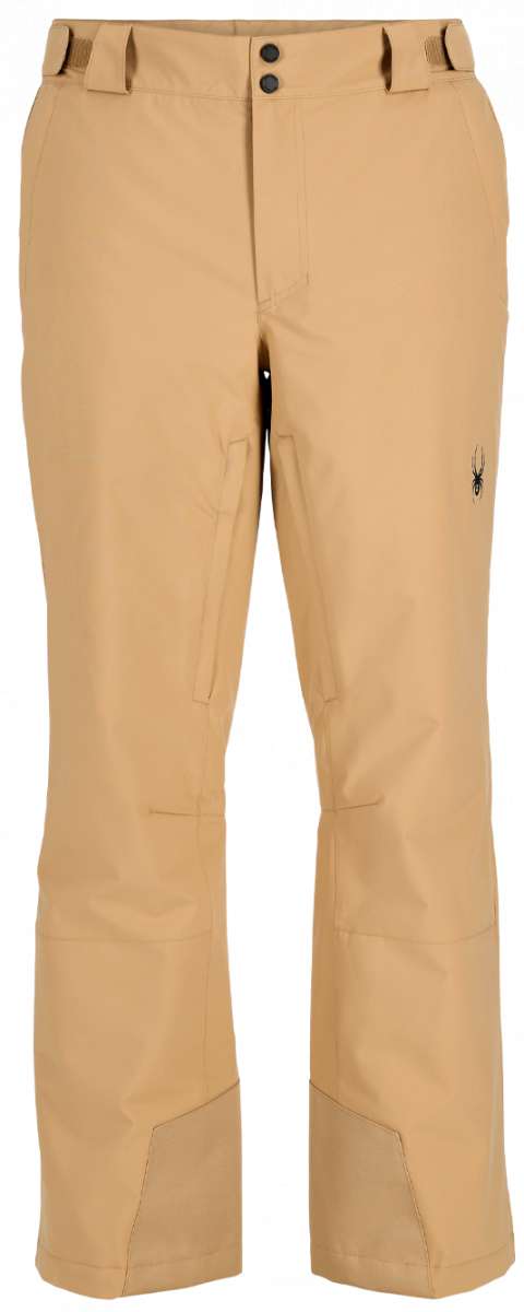 Spyder Traction Stretch Insulated Pant 2023 - Beige pants with a black spider logo on the left leg.