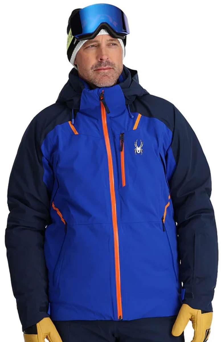 Spyder Vanqysh GORE-TEX Jacket 2024 - A royal blue jacket with orange accents and a white spider logo on the left chest.