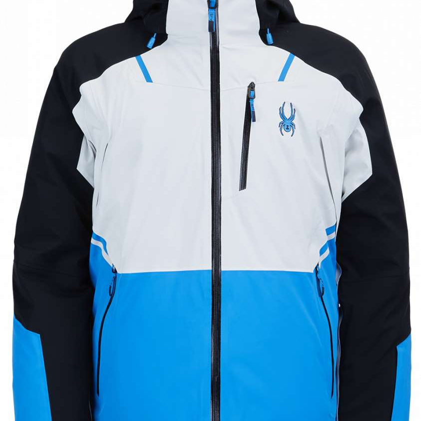 Spyder Vanqysh Insulated Jacket 2023 - A black, white and blue jacket with a zipper down the front.