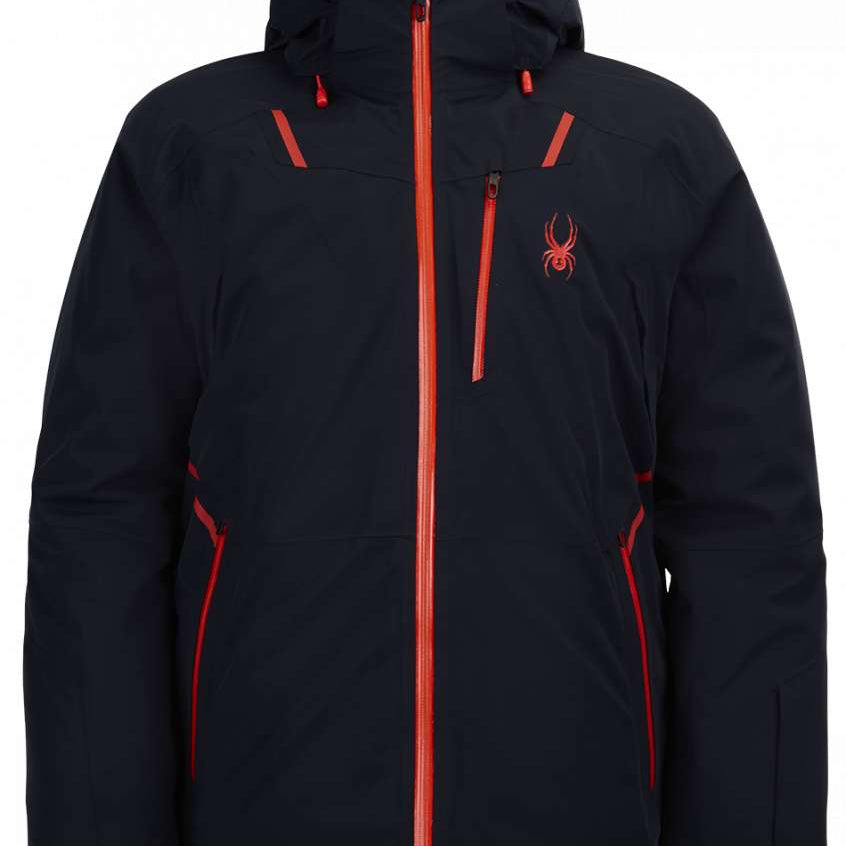 Spyder Vanqysh Insulated Jacket 2023 - A black jacket with a red zipper and a spider logo on the left chest.
